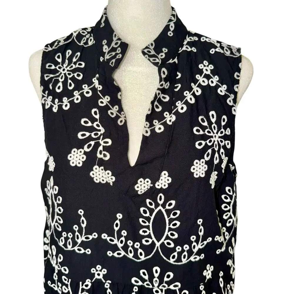 Karen Kane Black White Embroidered Cotton SleevelessDress Large Boho Cottagecore - Picture 4 of 9